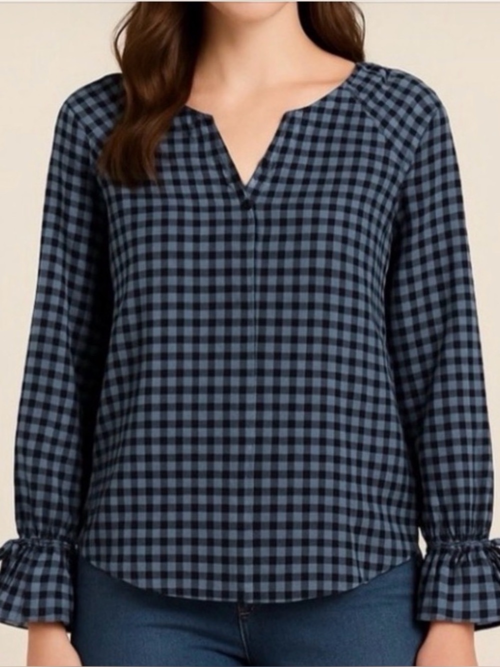 Talbots Gingham Popover Blouse Sz S Tie Cuff Split Neck Blue Black